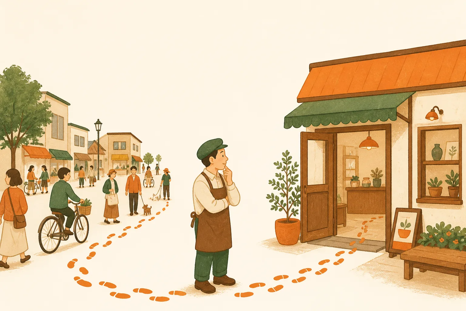 デジタルマーケティングの記事「Googleのクチコミへの返信、書く前に決めておく基準」の挿絵。通りからお店までの道筋に灯りをともし、通りかかった人から見えるようにする様子を描いた温かみのある手描き風イラスト。