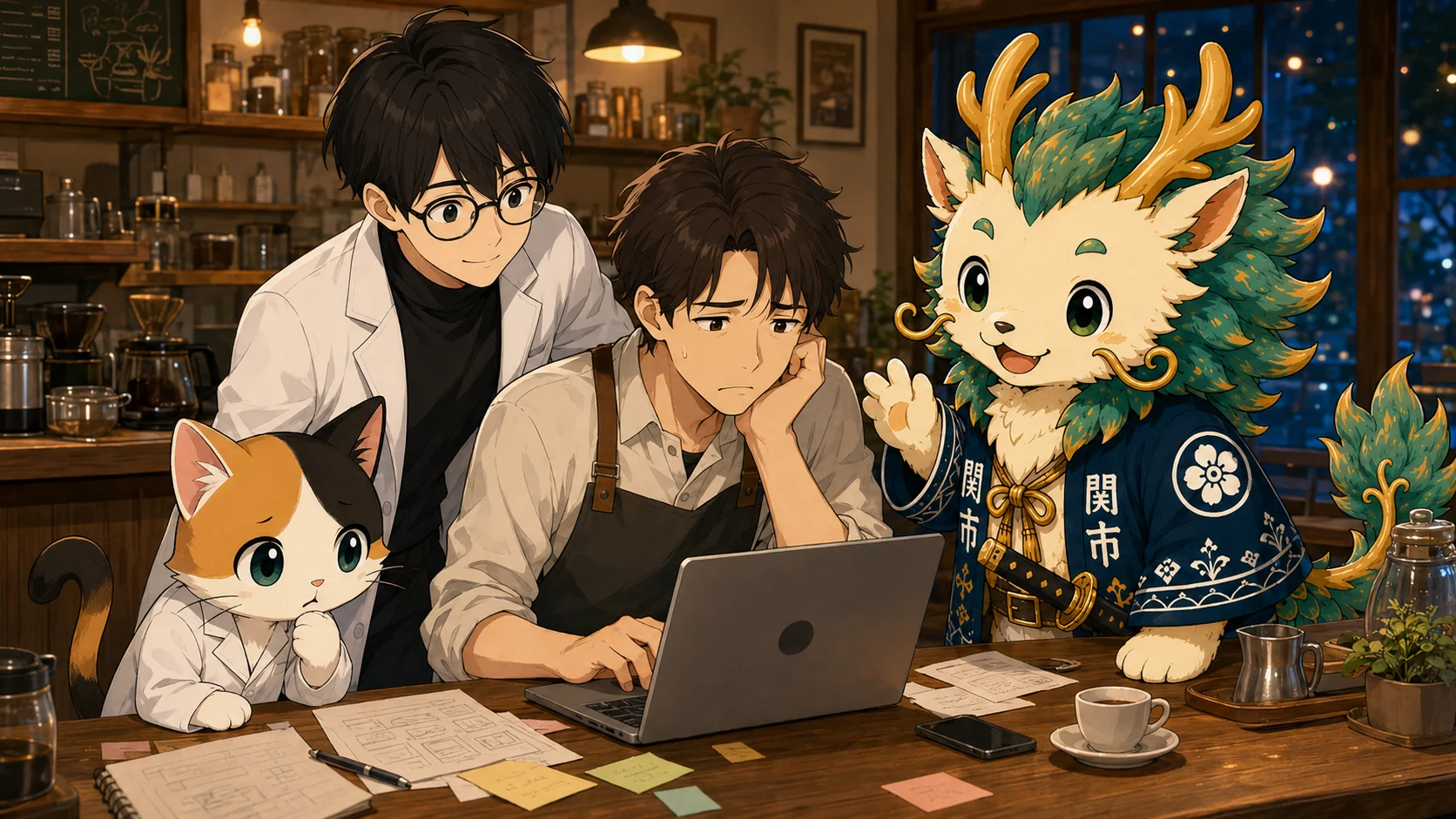 夜のカフェでホームページ制作を進める店舗経営者とNo Work Lab