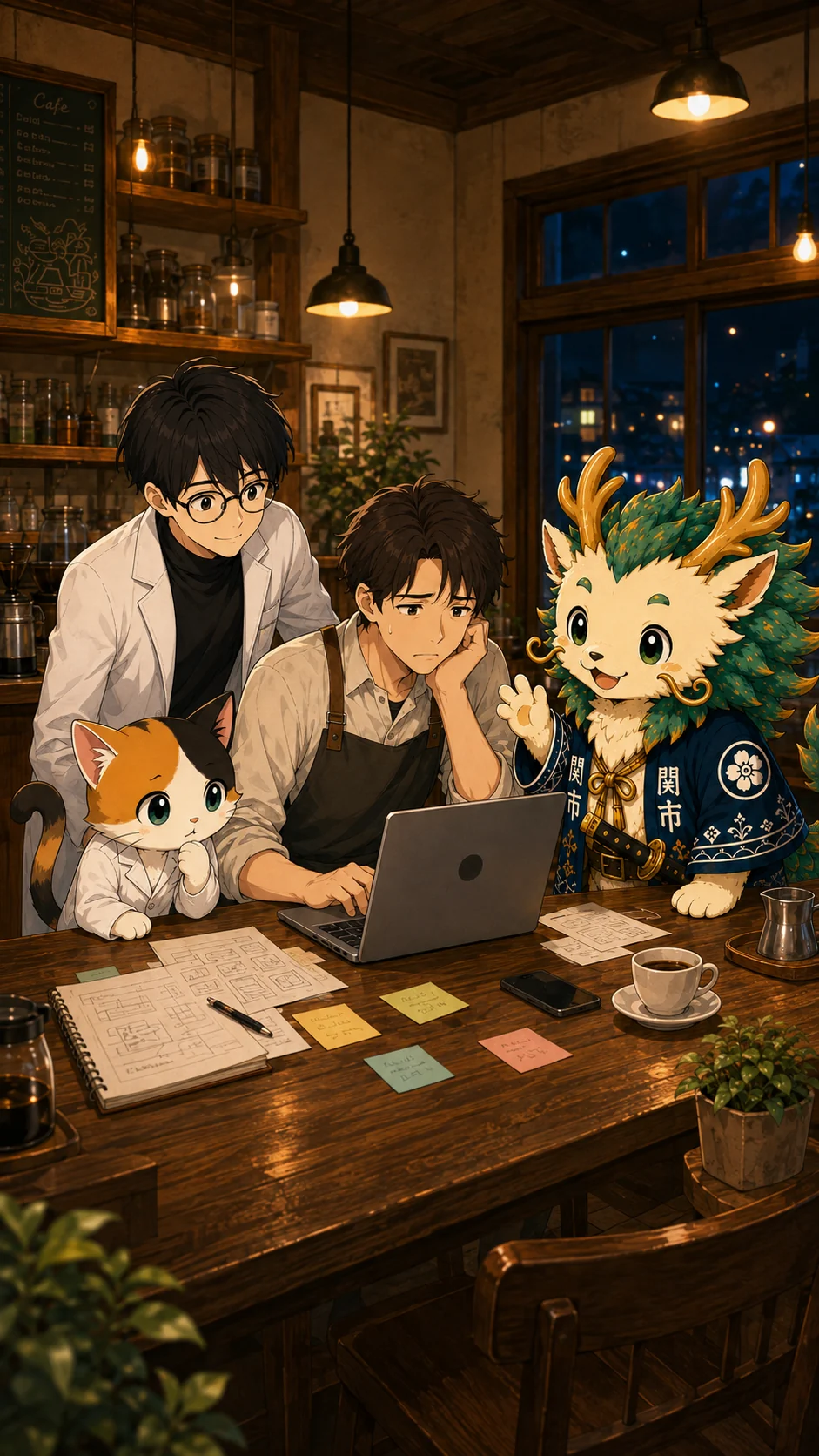 夜のカフェでホームページ制作を進める店舗経営者とNo Work Lab