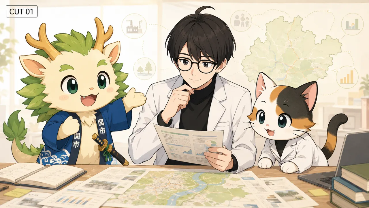 関市の予算資料を、とこ所長、副所長、せきりんが調査しているアニメーションの仮画像